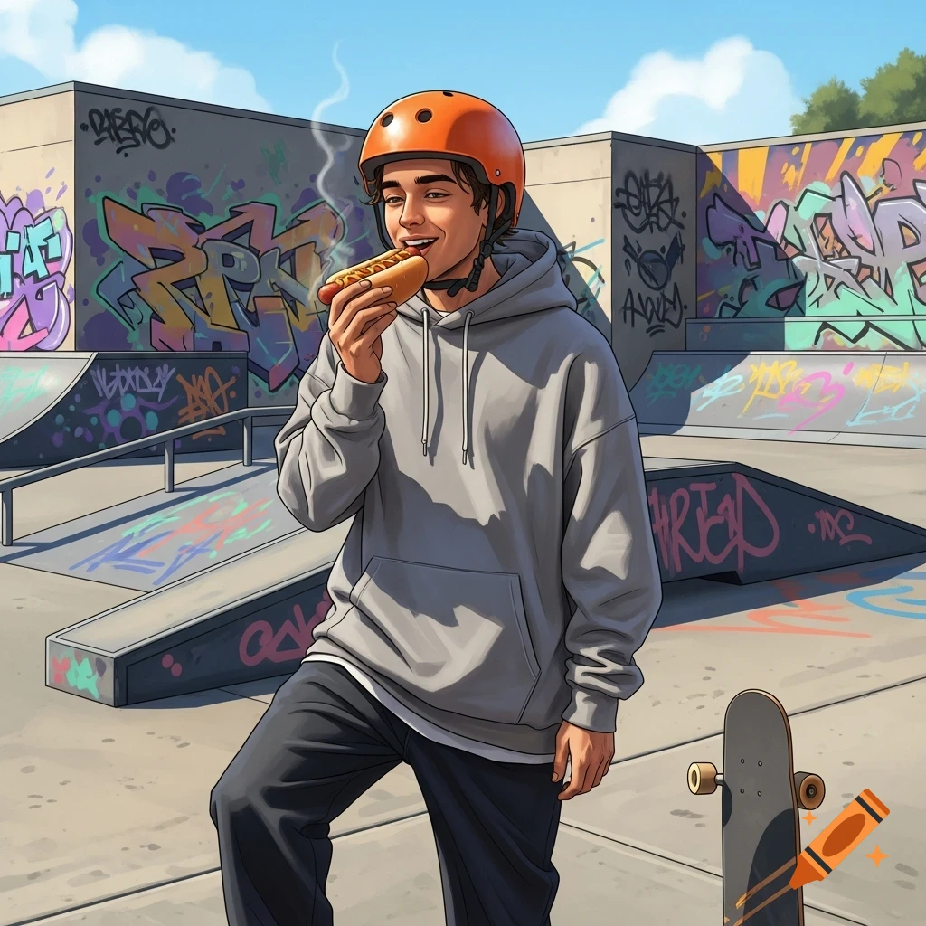 A cartoon-style young man in an orange helmet and grey hoodie stands in a graffiti-covered skatepark, smiling while eating a hotdog, with a skateboard nearby.