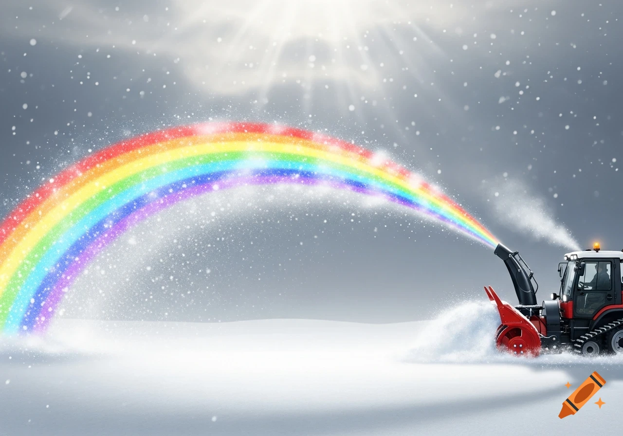 A snow blower shoots a bright rainbow into a snowy, sunlit winter landscape.