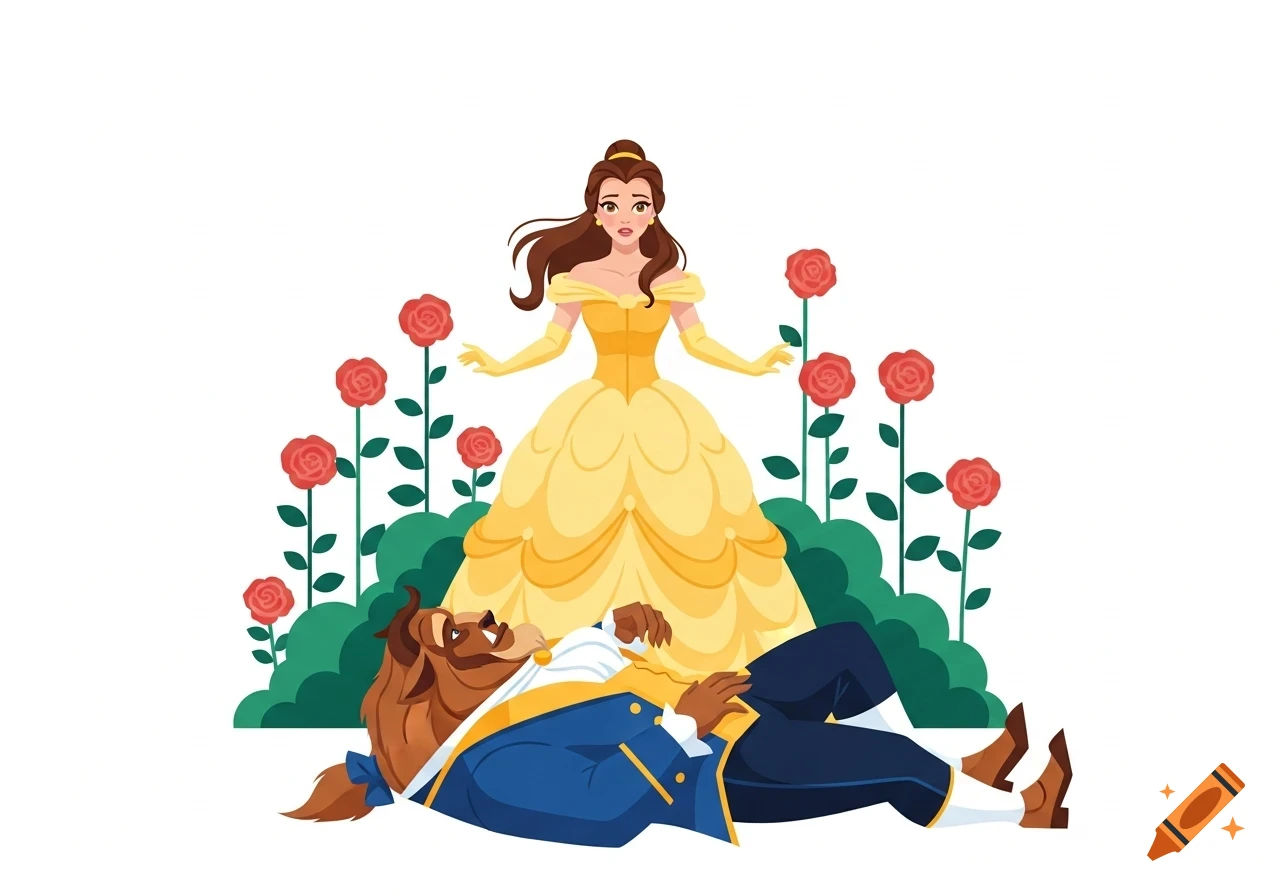 Cartoon illustration of Belle looking shocked at the Beast lying on the ground in a rose garden.