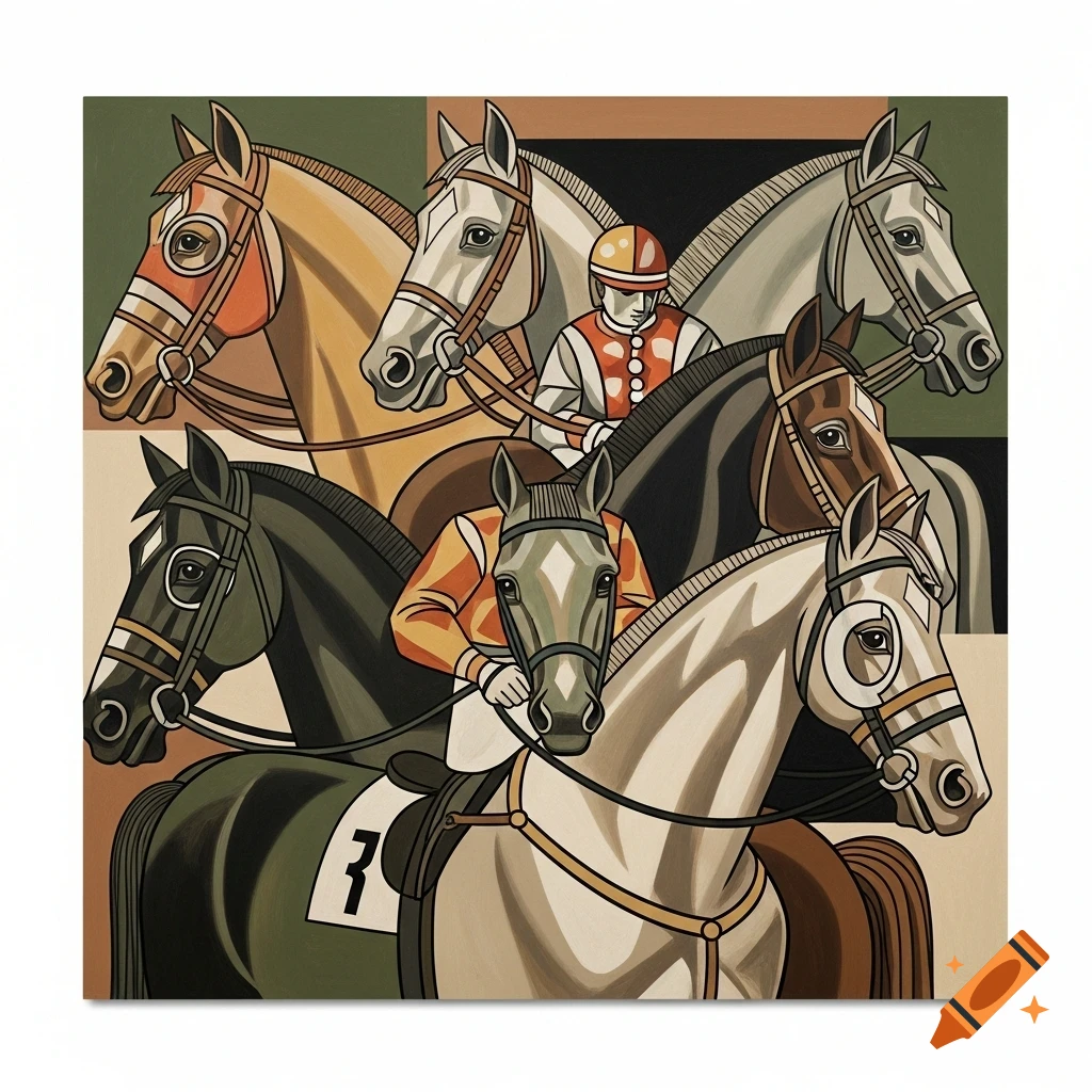 Cubist-inspired painting of multiple race horses and jockeys, fragmented into geometric shapes with strong black outlines.