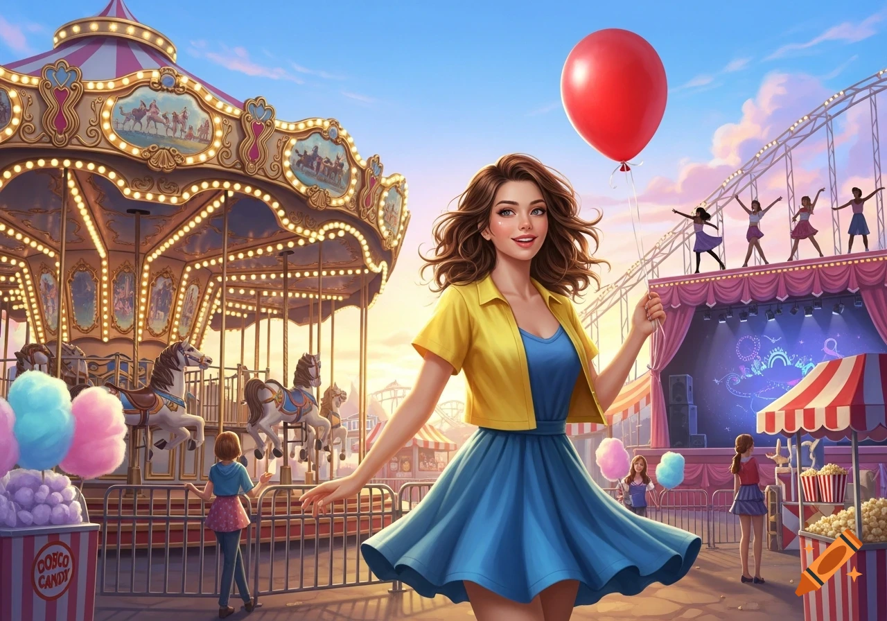 A smiling young woman in a yellow top and blue dress holds a red balloon at a vibrant amusement park with a carousel and stage at sunset.