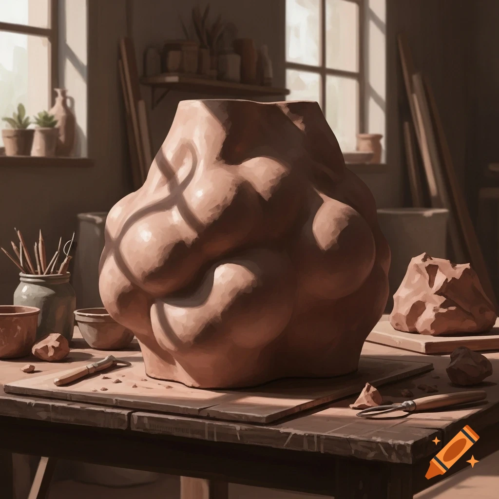 A large, lumpy, bulging clay sculpture sits on a wooden workbench in an art studio, illuminated by sunlight.