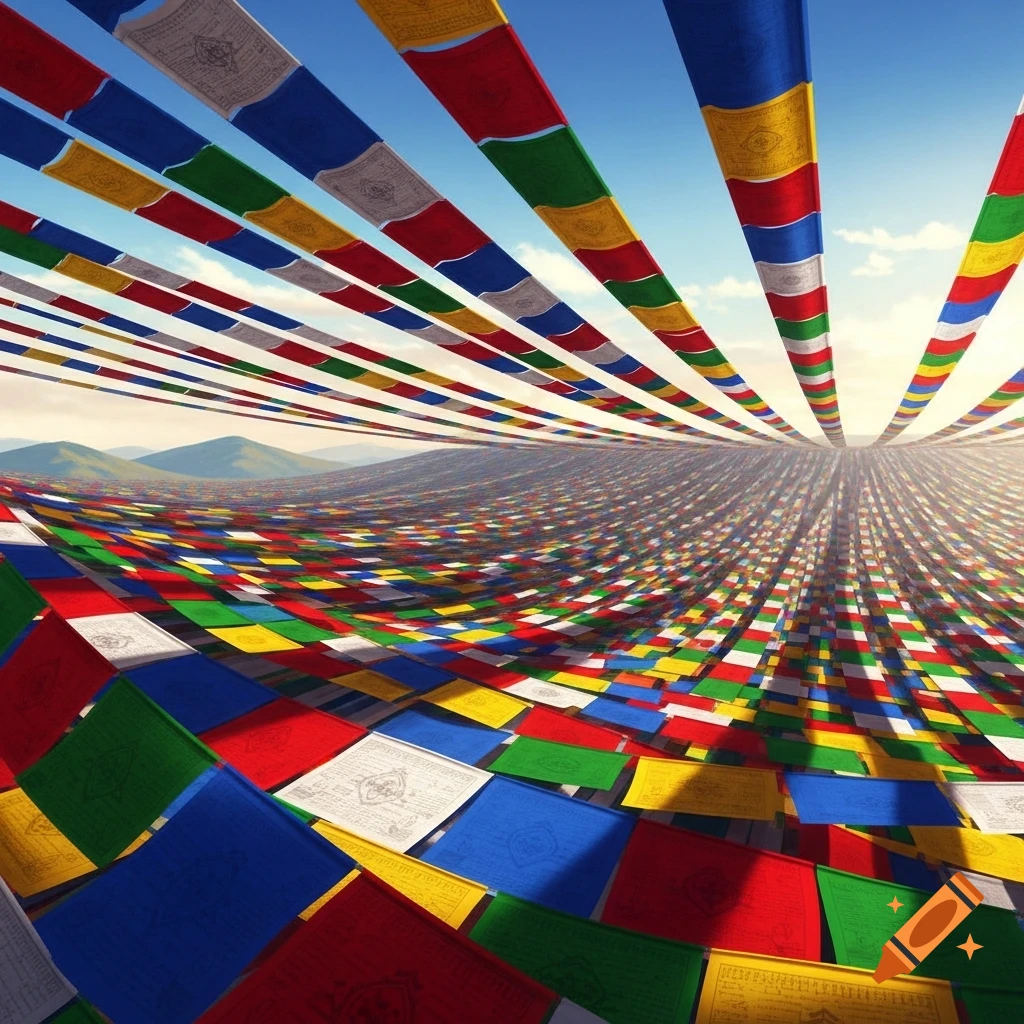 Thousands of colorful prayer flags, red, blue, green, yellow, and white, stretch across a hilly landscape under a bright sky.
