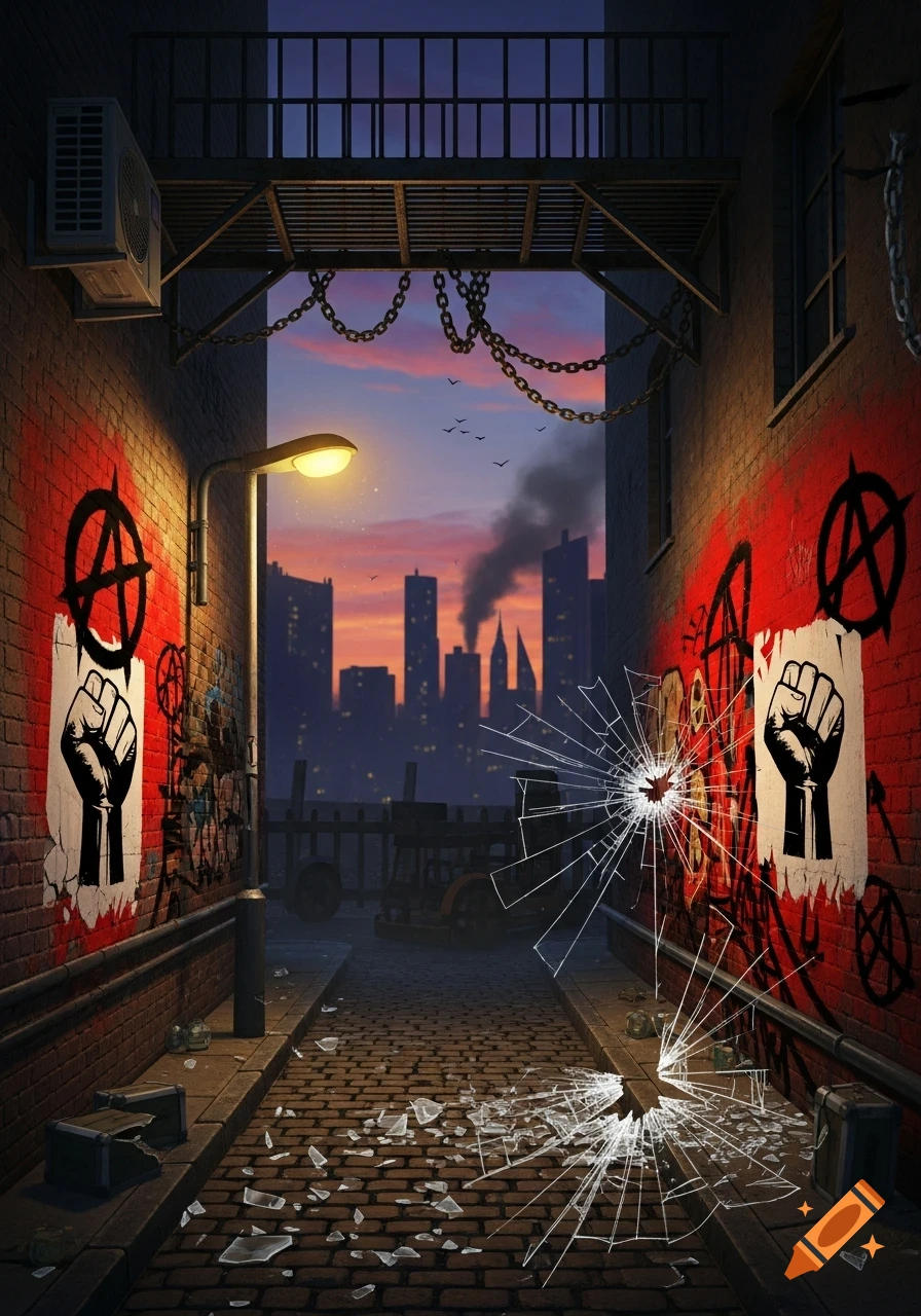 An alleyway scene with red brick walls covered in anarchist symbols and raised fist posters, broken glass on the ground, and a dark city skyline in the background.