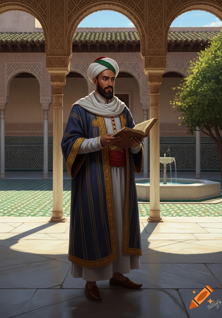 A man with a turban and traditional blue robe reads a book in an ornate courtyard with arches, fountains, and a tree.