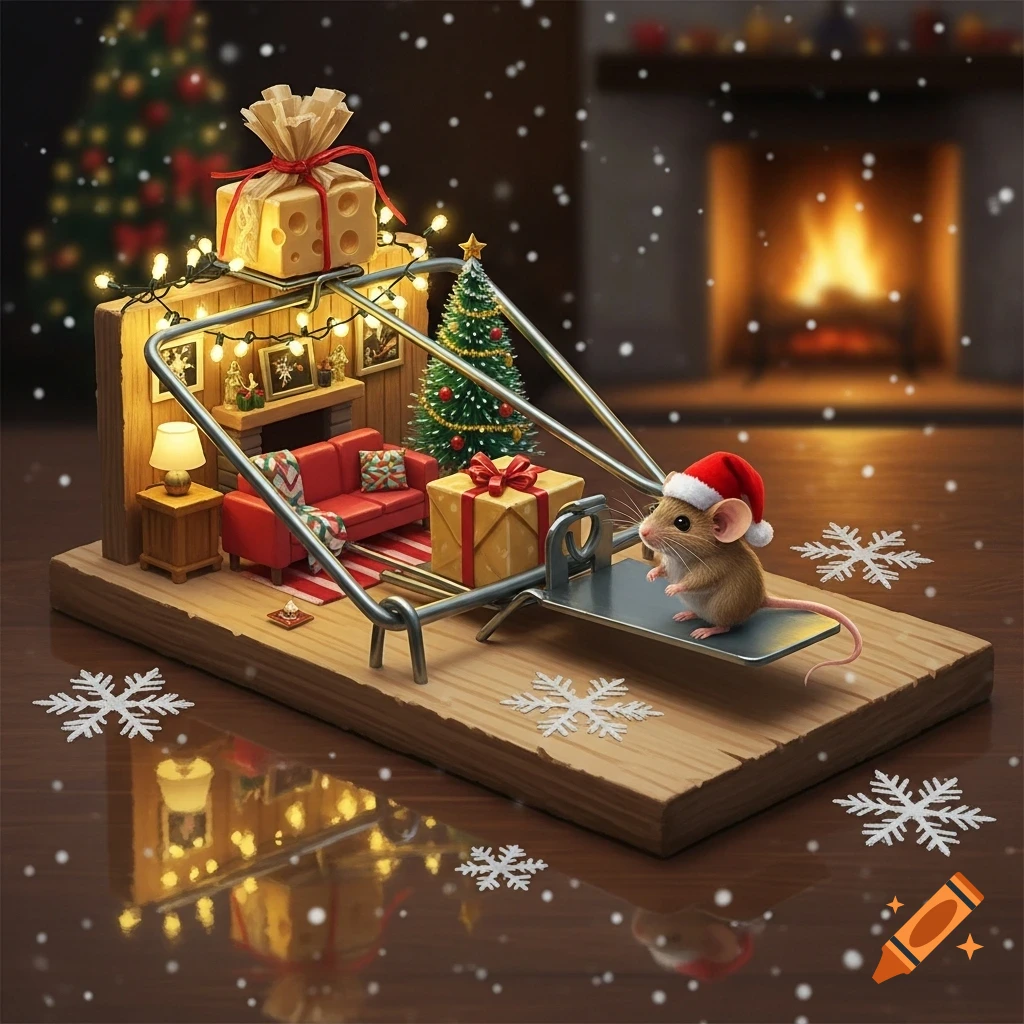 A festive miniature diorama of a mousetrap with a tiny mouse in a Santa hat, featuring a small Christmas living room with gifts and a fireplace, with snow falling.