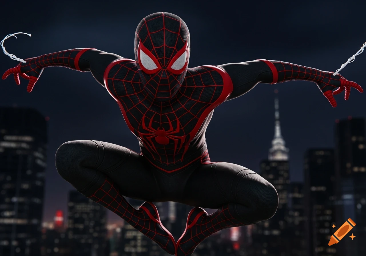 A custom black and red Spider-Man with a black widow emblem, posing dynamically against a dark, blurred cityscape at night in a cinematic style.