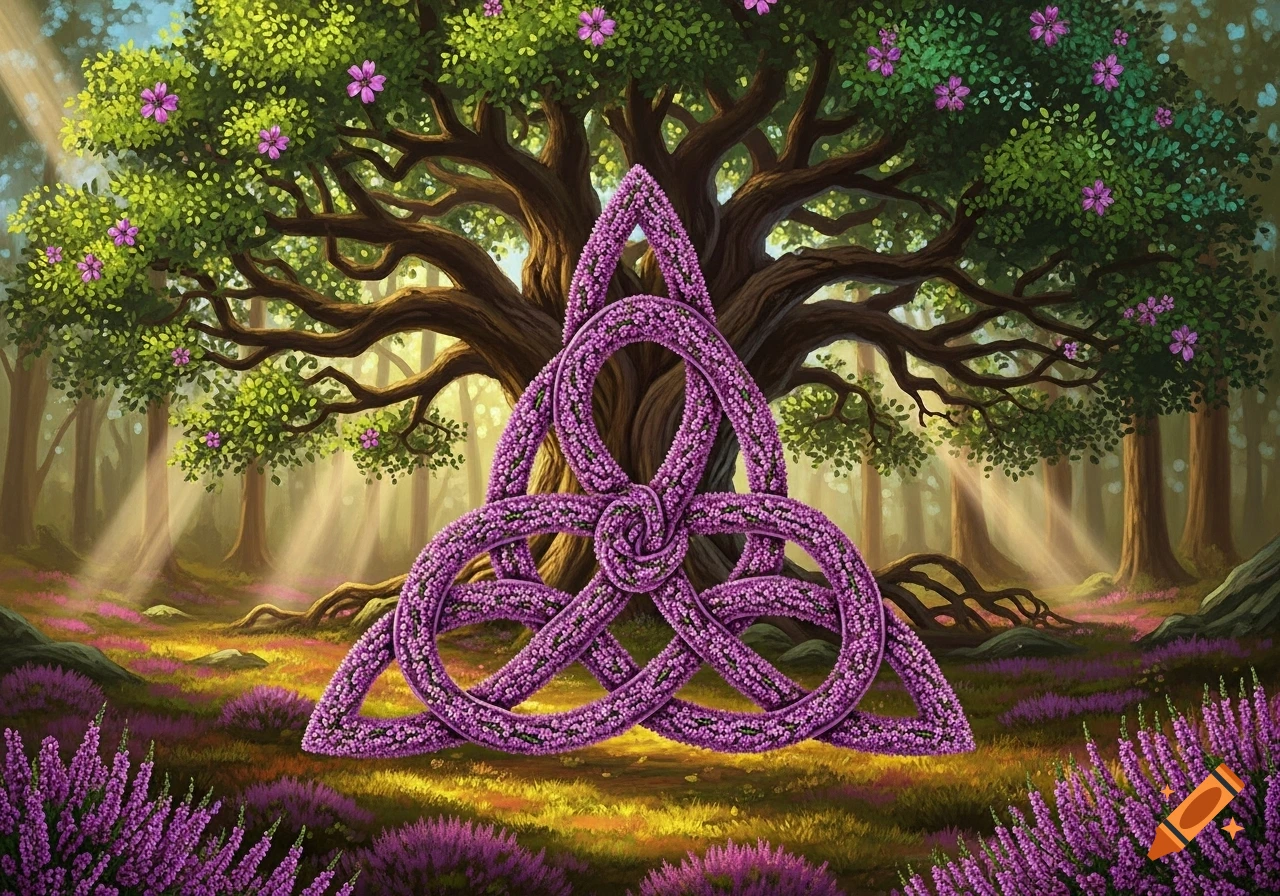 A mystical forest scene featuring a large purple trinity knot made of heather in front of a gnarled tree of life with light rays.