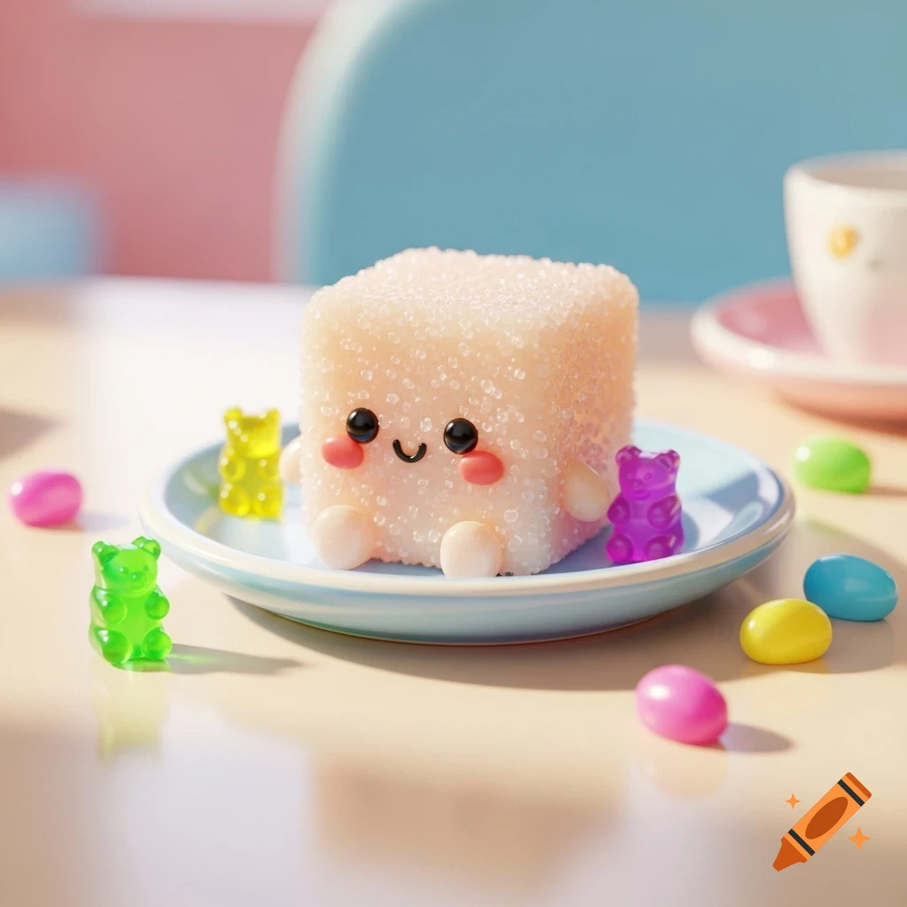 A cute, smiling sugar cube character on a saucer, surrounded by colorful gummy bears and jelly beans on a table, in a bright 3D render.