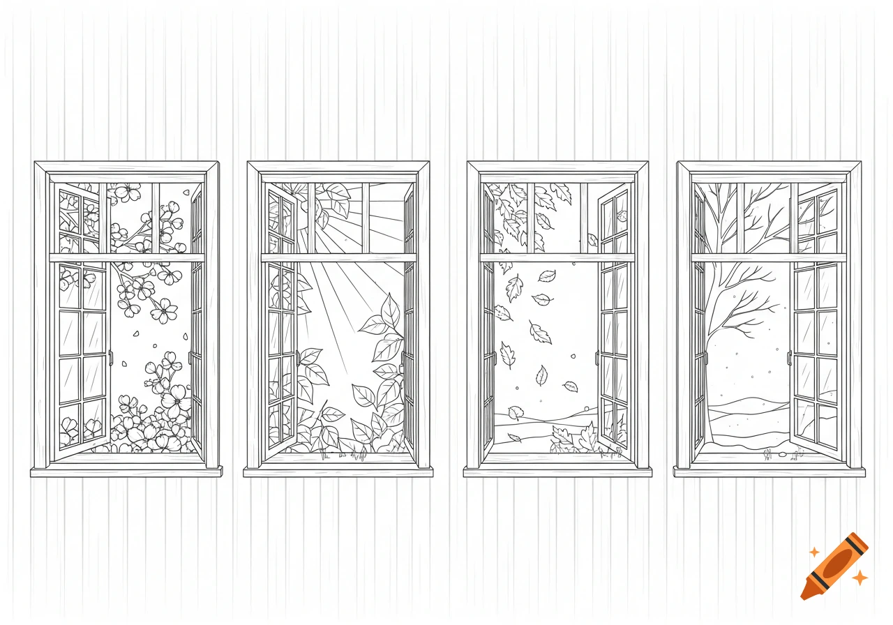 Line drawing of four windows side-by-side, depicting the four seasons: spring flowers, summer leaves, autumn leaves, and winter snow.