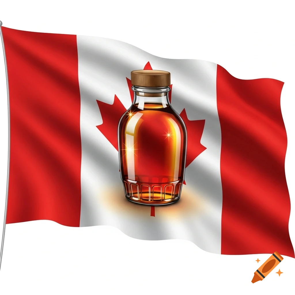 A wavy Canadian flag with a glossy glass bottle of amber maple syrup replacing the maple leaf in the center.