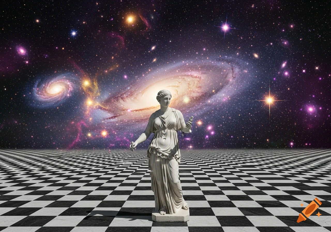 A classical Greek statue of a woman stands on a black and white checkered floor, set against a vibrant, star-filled galaxy and cosmic background.