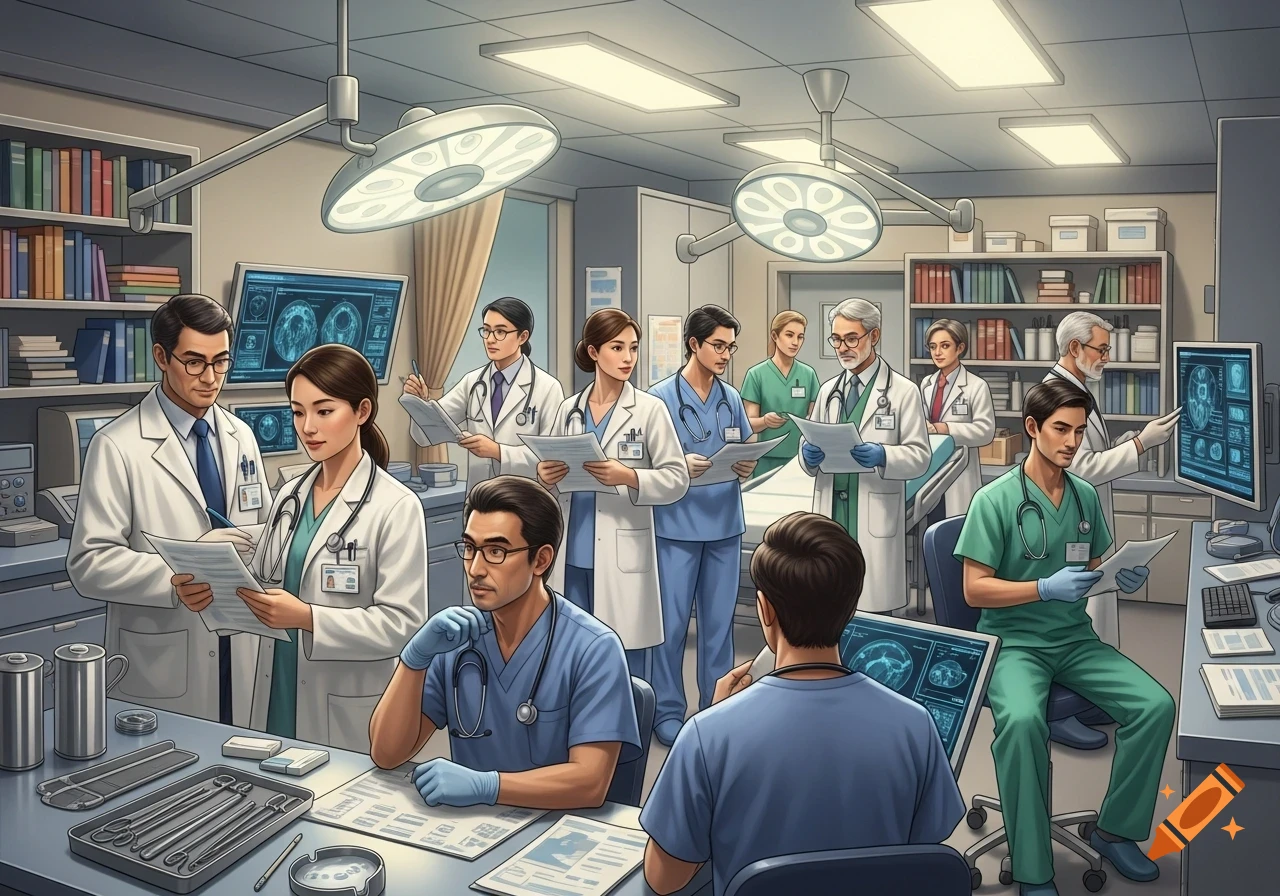 A group of diverse doctors and medical staff working in a medical room with computers, screens, and surgical tools.