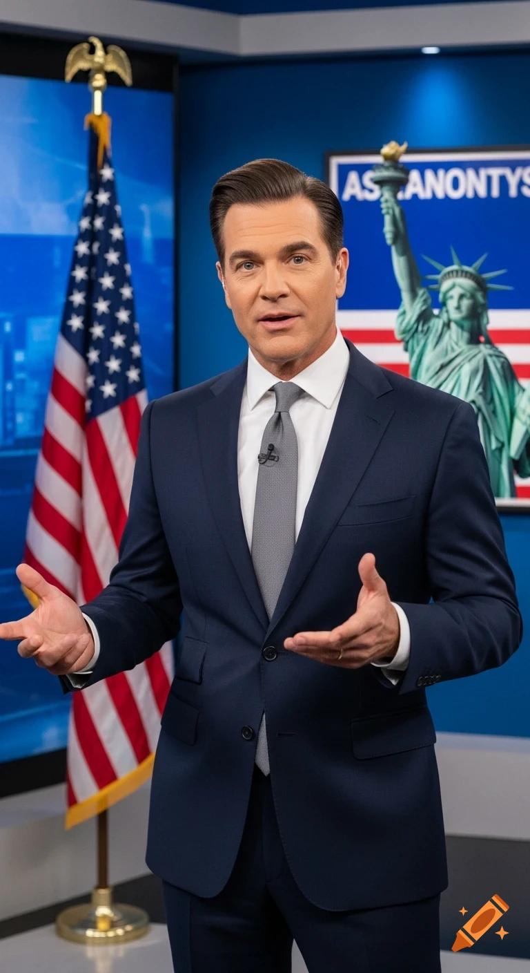 A confident male TV expert in a suit stands in a news studio with an American flag and a Statue of Liberty poster behind him, gesturing with his hands.