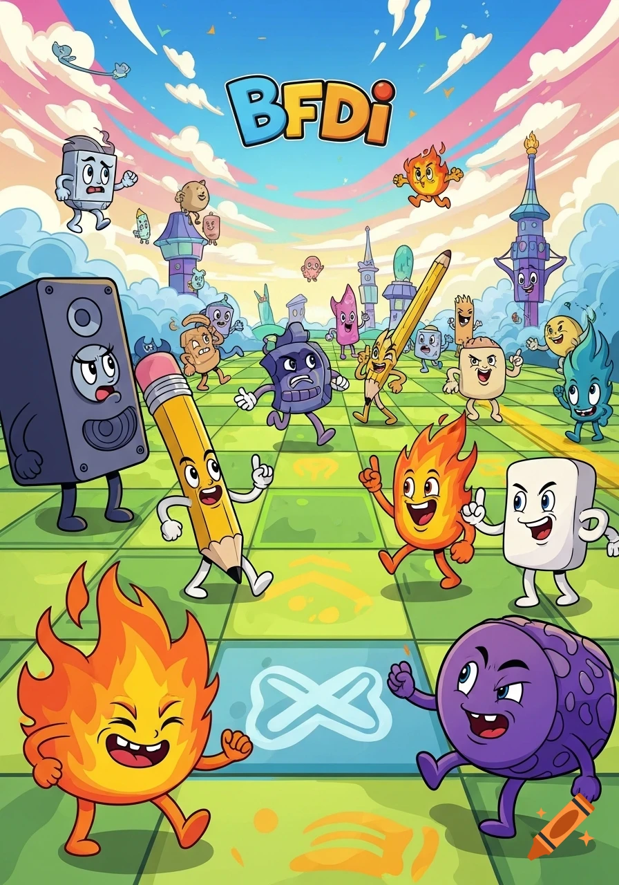 Colorful cartoon of anthropomorphic objects, including a pencil, speaker, and fire characters, running on a path under a vibrant sky, with 'BFDi' text.