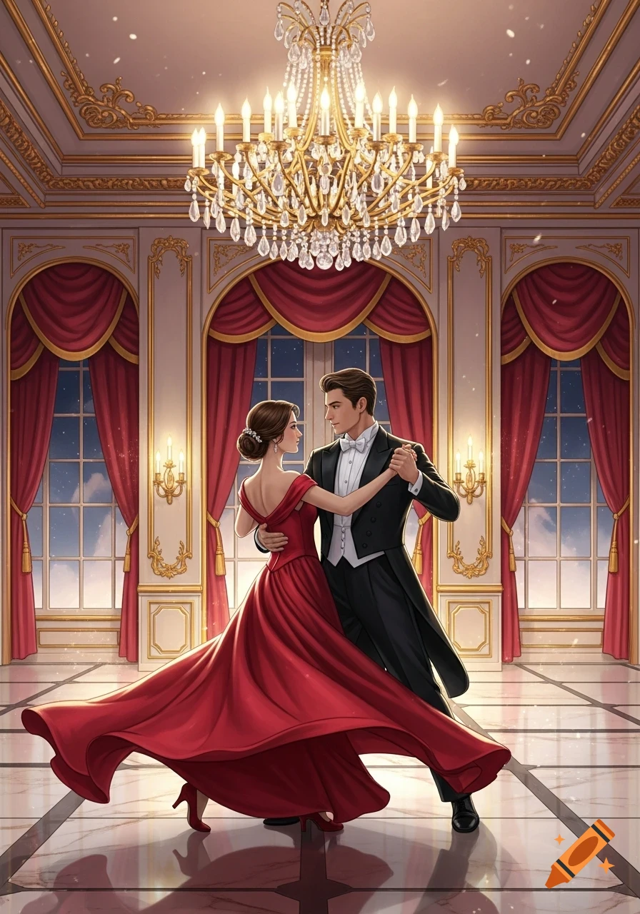 An elegant illustrated couple dances a waltz in a grand ballroom with a sparkling chandelier and large windows.