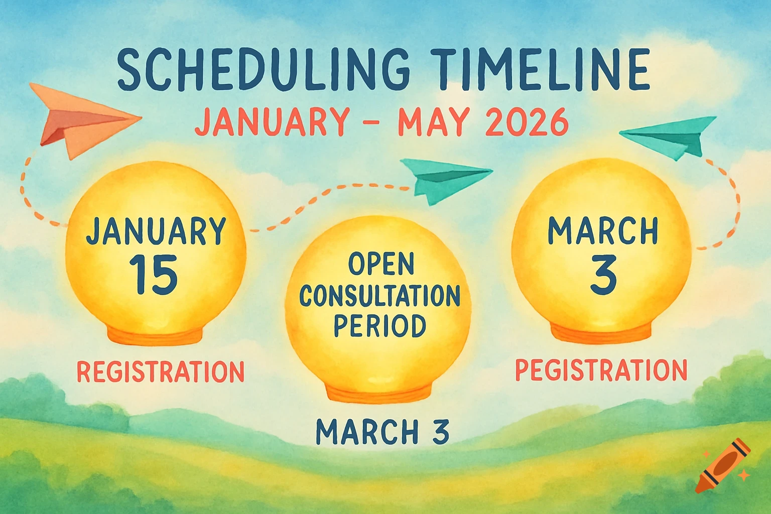 A watercolor illustration of a scheduling timeline for January-May 2026, featuring dates like January 15 and March 3, an open consultation period, and paper airplanes flying over a landscape.