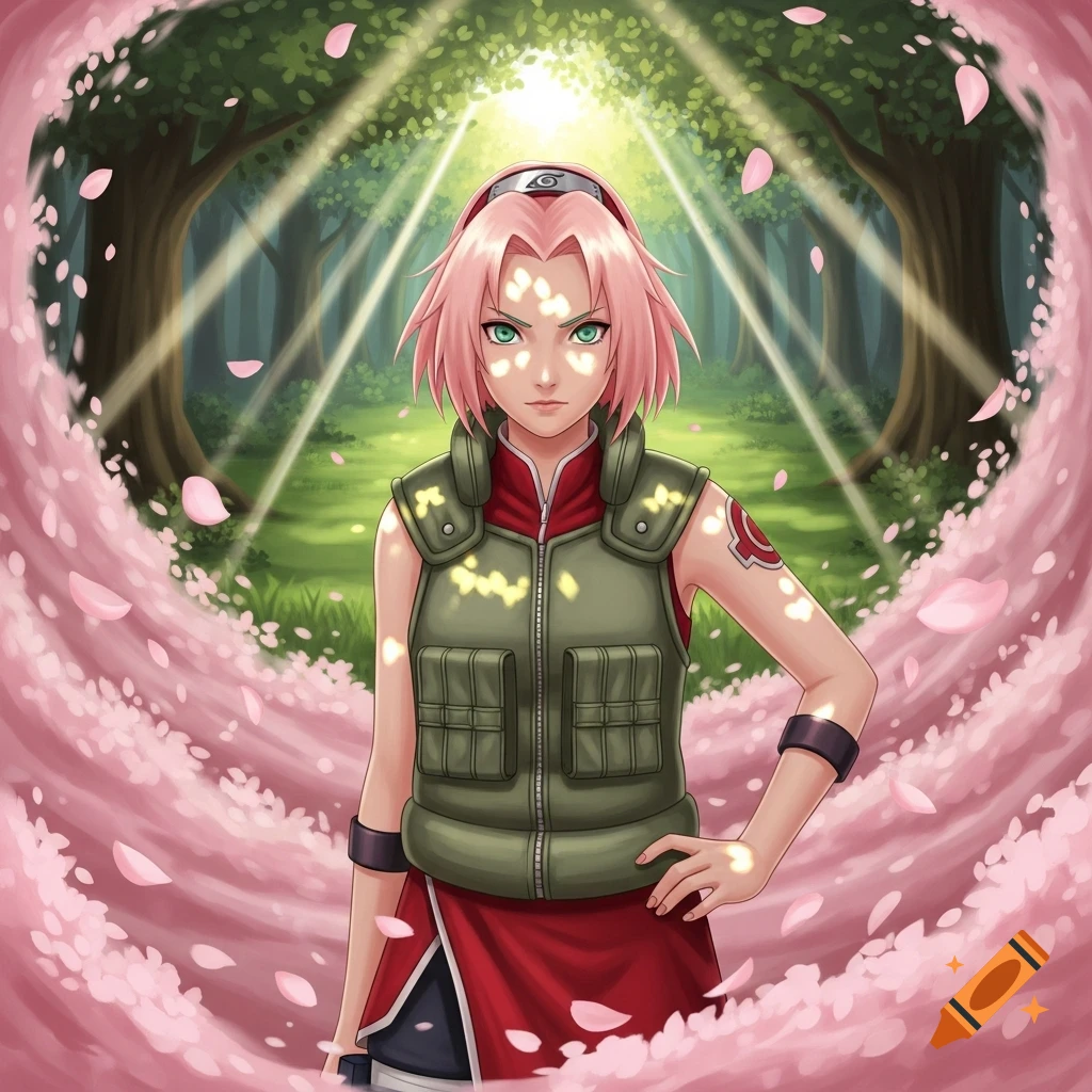 Sakura from Naruto in a green vest and red outfit stands in a sunlit forest with pink cherry blossoms swirling, anime style.