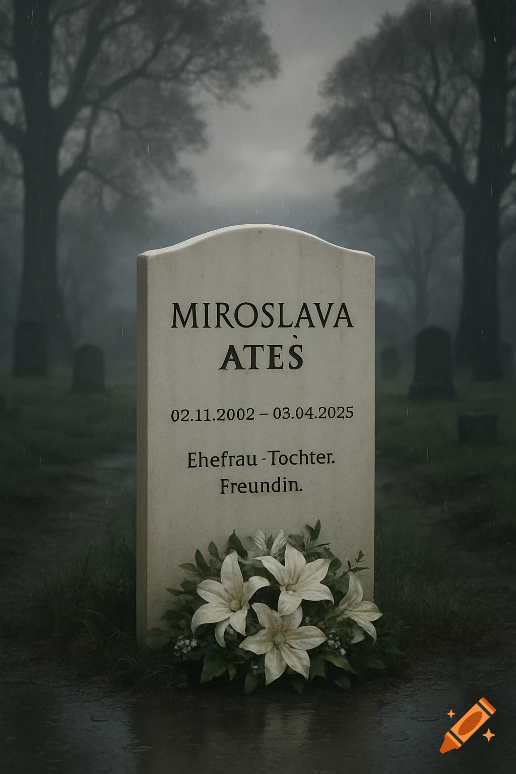 A white tombstone with a bouquet of white lilies at its base, in a misty cemetery on a rainy, gloomy day. The tombstone is engraved with a name and dates.