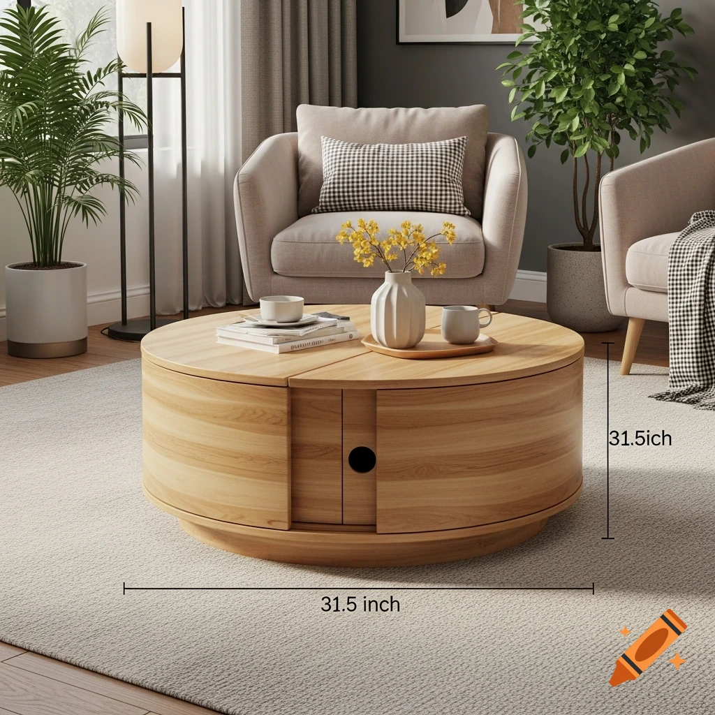 A round natural wood coffee table with hidden storage and sliding doors in a modern living room with armchairs and plants.
