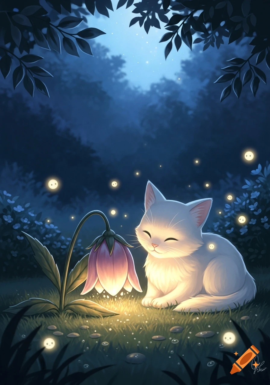A cute white cat with closed eyes sits next to a softly glowing purple flower at night in a magical forest filled with fireflies.
