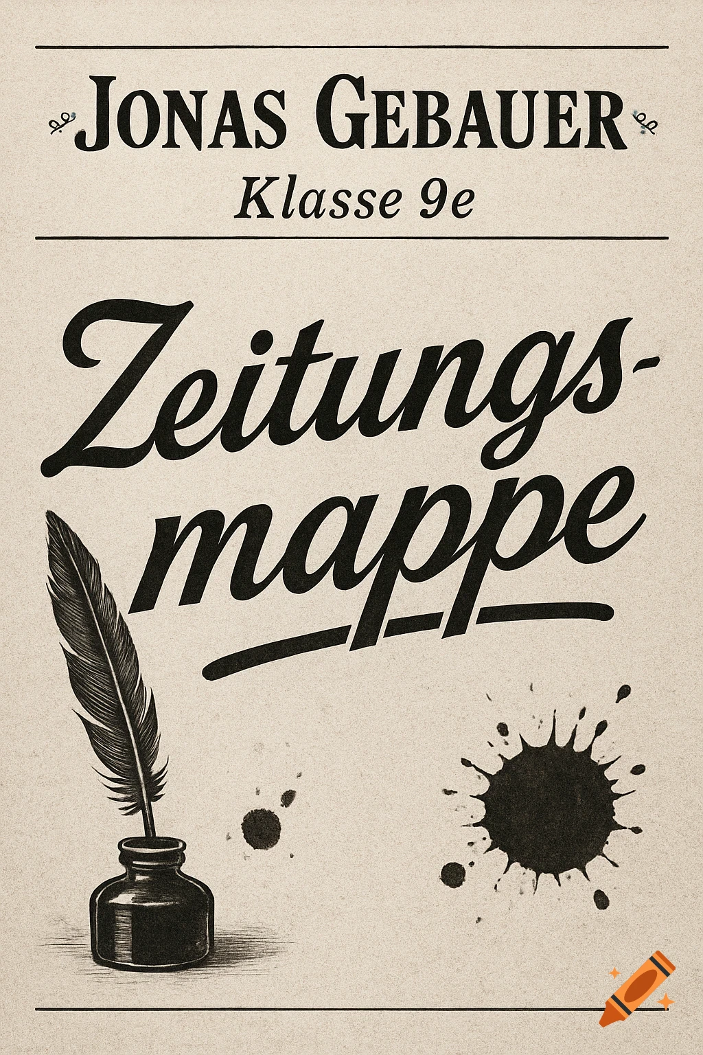 Vintage-style cover page with "Jonas Gebauer", "Klasse 9e", and "Zeitungsmappe" text, a quill, inkwell, and ink splatters on textured paper.