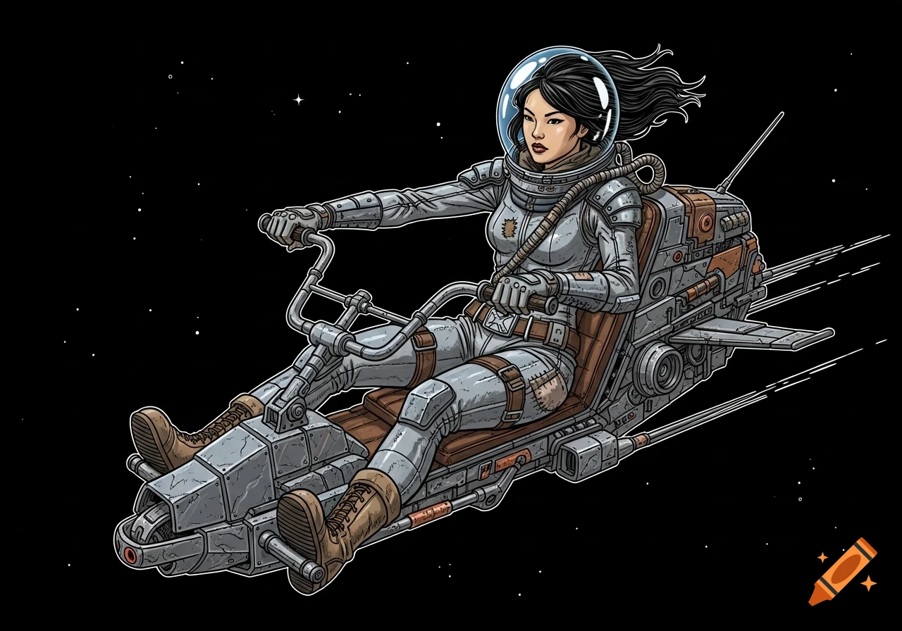 An Asian woman in a sci-fi spacesuit flying a scrap metal vehicle through space, in a graphic novel style.