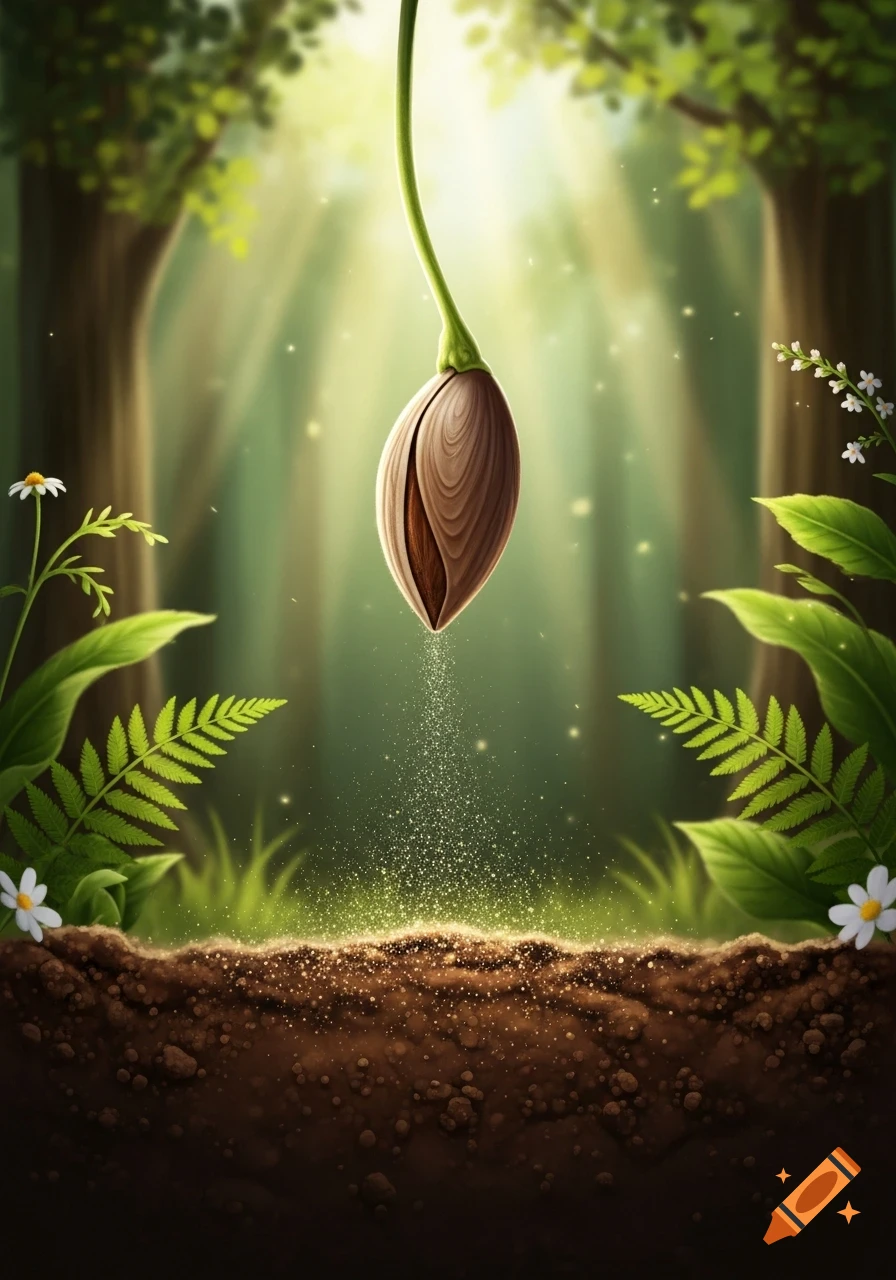 A stylized seed with a green stem hangs over dark soil, sprinkling luminous particles in a sunlit forest.