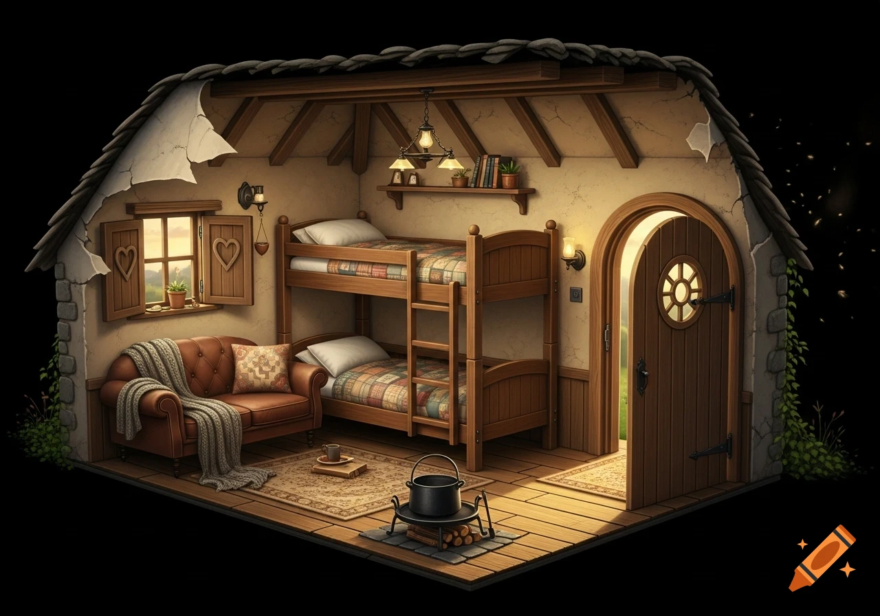 Cozy, cutaway view of a rustic cabin interior with bunk beds, a leather sofa, heart-shutter windows, and a cooking pot.