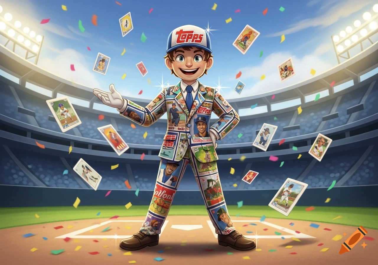 A cheerful cartoon character wearing a suit made of baseball cards and a "Topps" hat stands in a baseball stadium with confetti and cards floating around.
