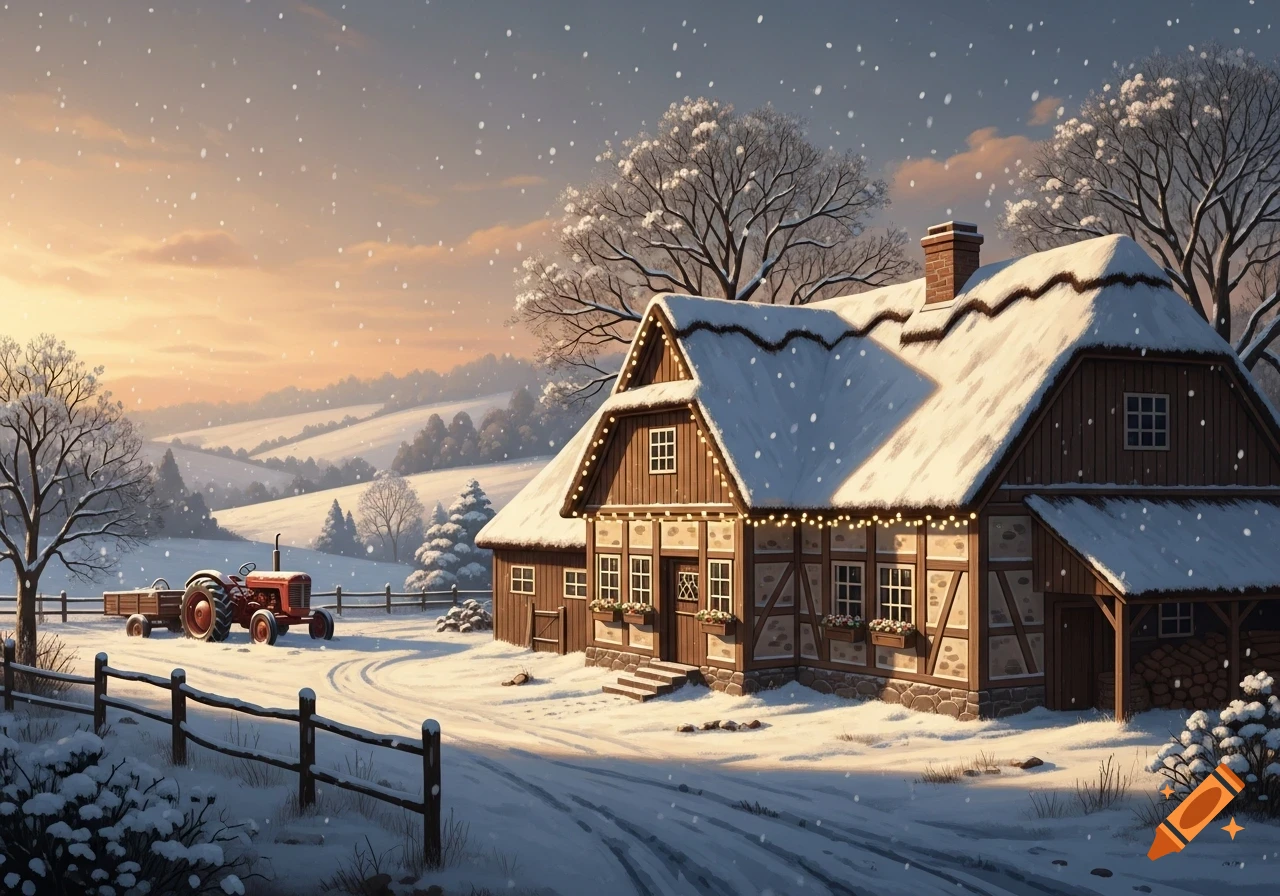 Snowy rural scene with a half-timbered farmhouse, festive lights, and a red tractor, set against a sunset sky.
