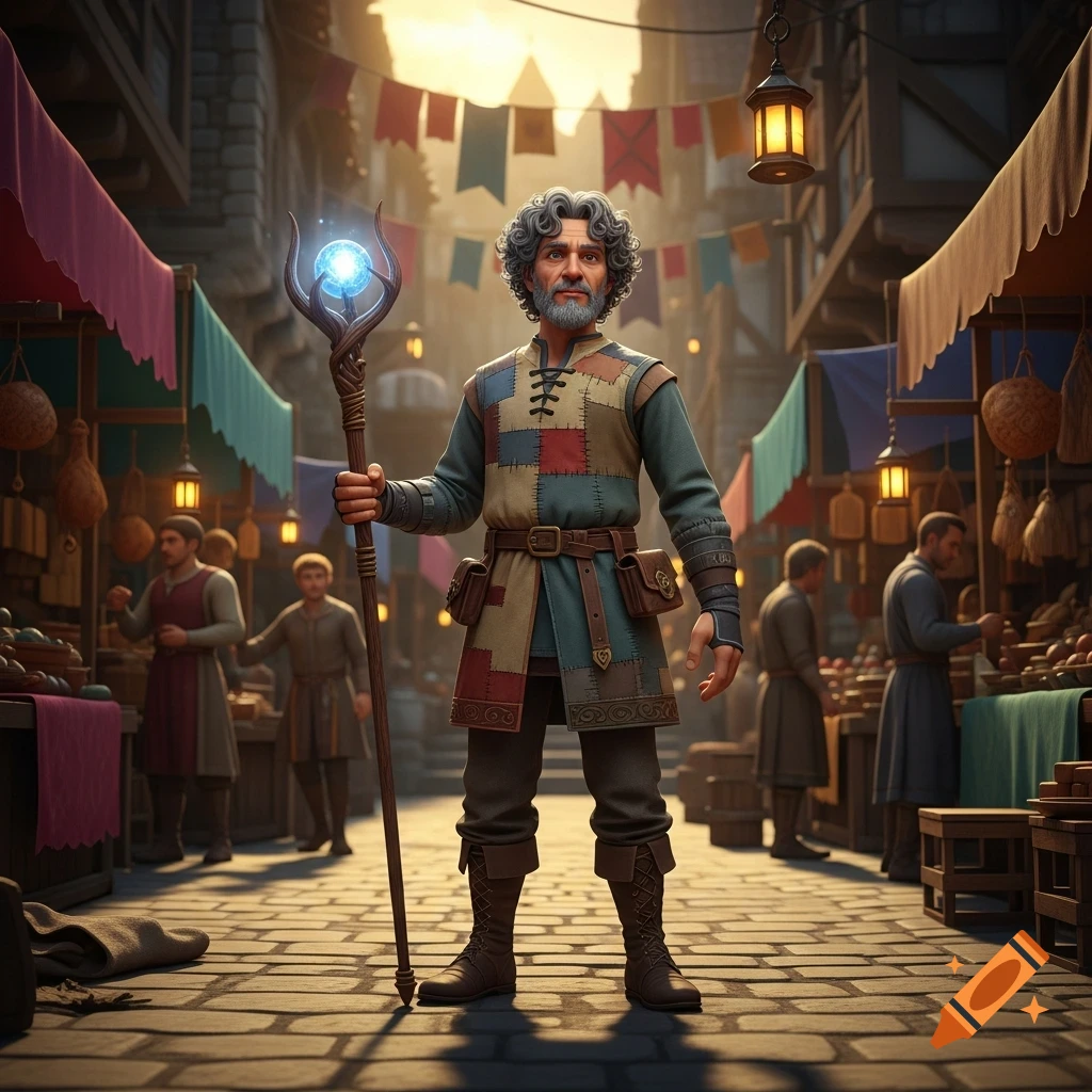 A man with curly gray hair and a beard, wearing a patchwork tunic and holding a glowing staff, stands in a bustling, sunlit medieval marketplace.