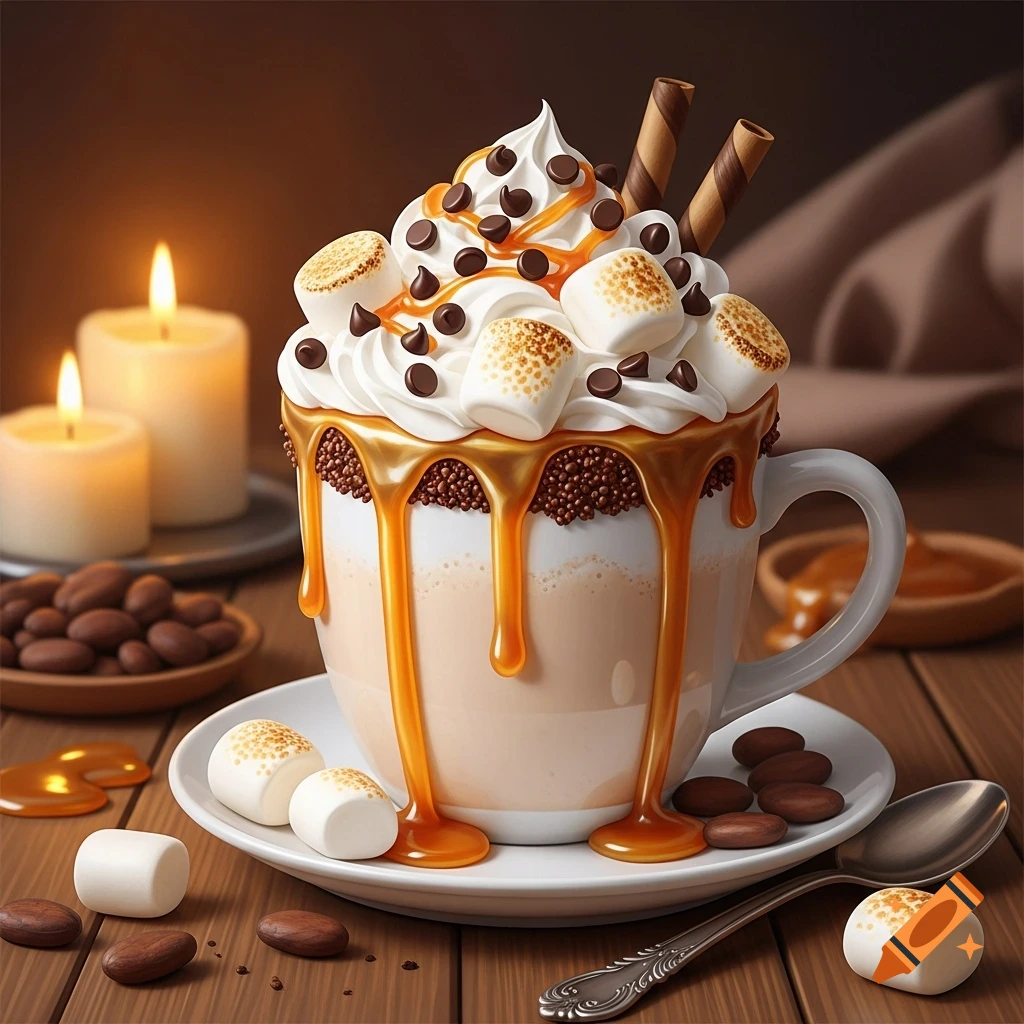 A photorealistic image of a mug with whipped cream, roasted marshmallows, chocolate chips, and caramel, on a wooden table with candles.