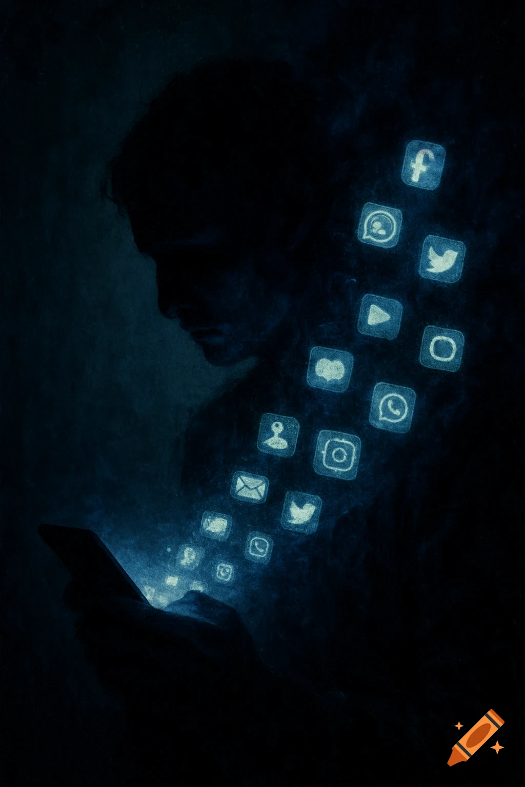 Dark silhouette of a person looking at a phone, with glowing social media icons floating from the screen in a stylized, smoky effect.