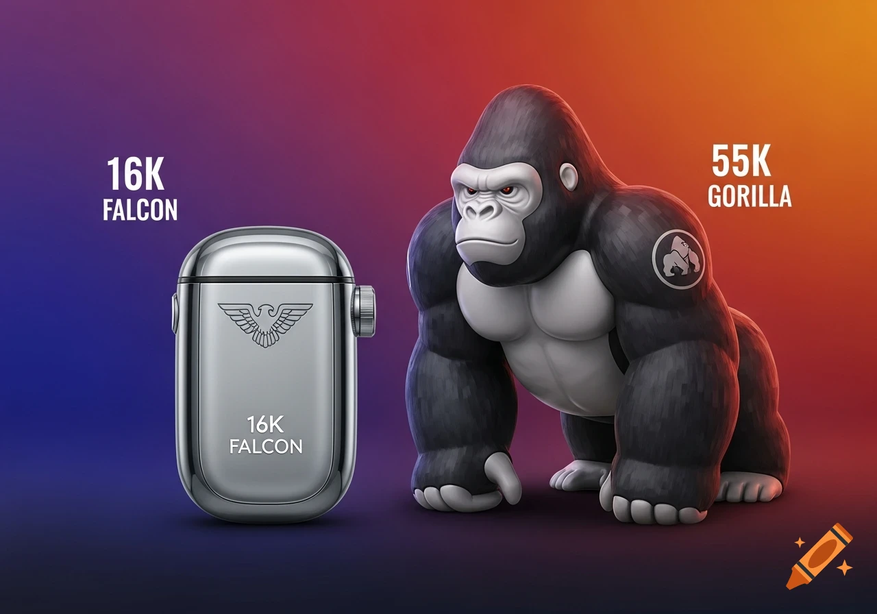 A metallic electronic device with an eagle logo and '16K FALCON' text next to a cartoon gorilla with '55K GORILLA' text.