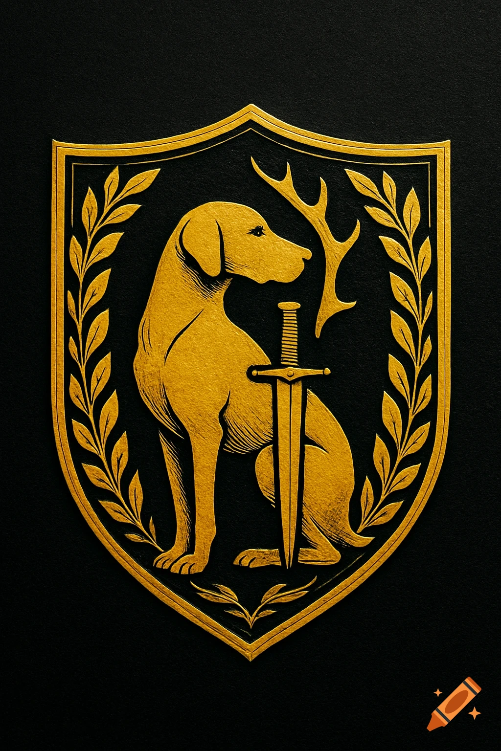 A stylized gold emblem on a black background, featuring a seated hunting dog, a sword, antlers, and a laurel wreath.