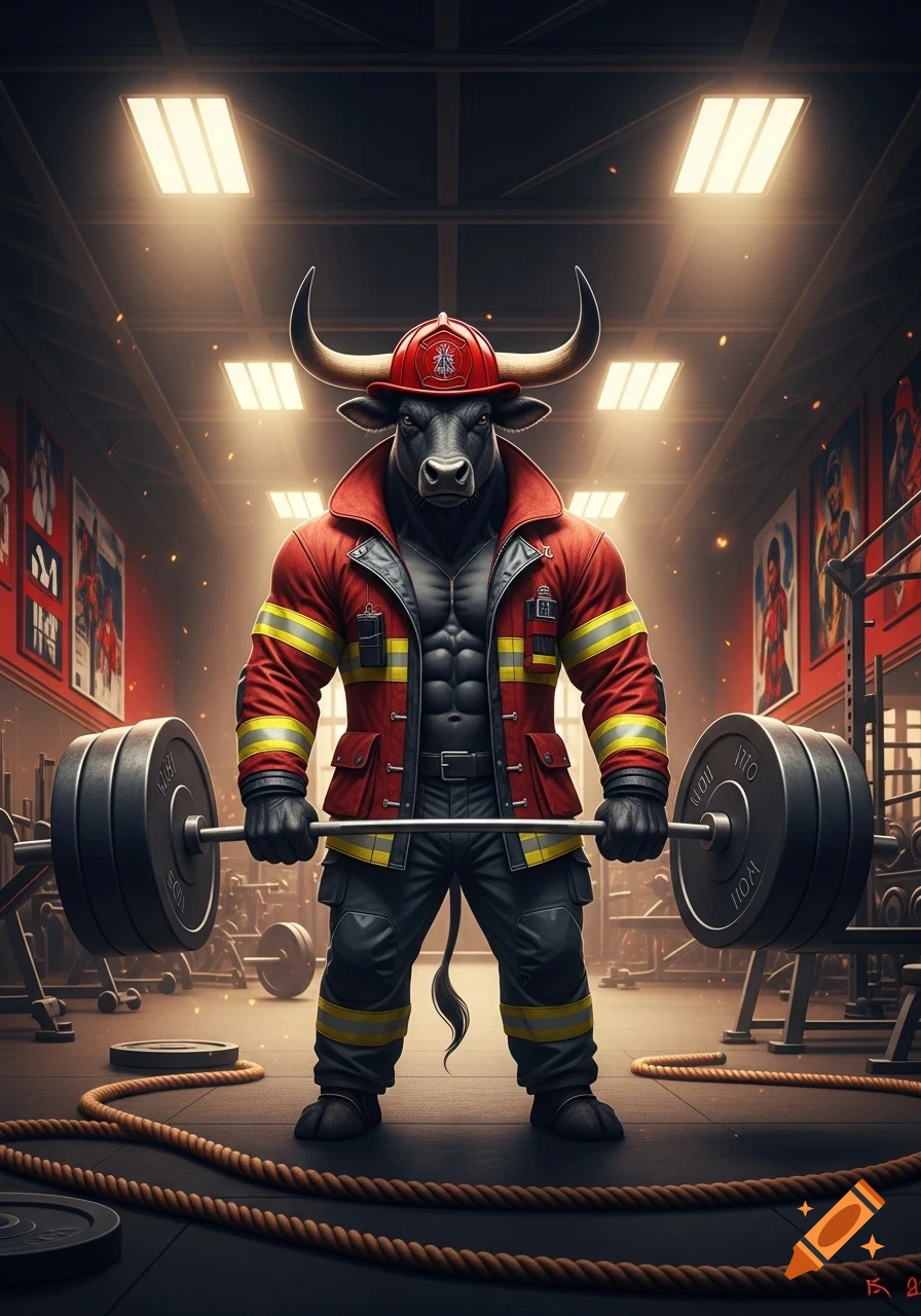 A muscular, anthropomorphic bull dressed as a firefighter lifting a barbell in a gym.