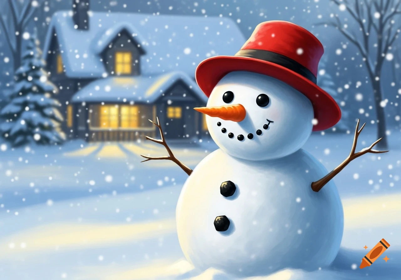 Illustrated snowman with a red hat and carrot nose in a snowy winter scene with a cozy house in the background, falling snow.
