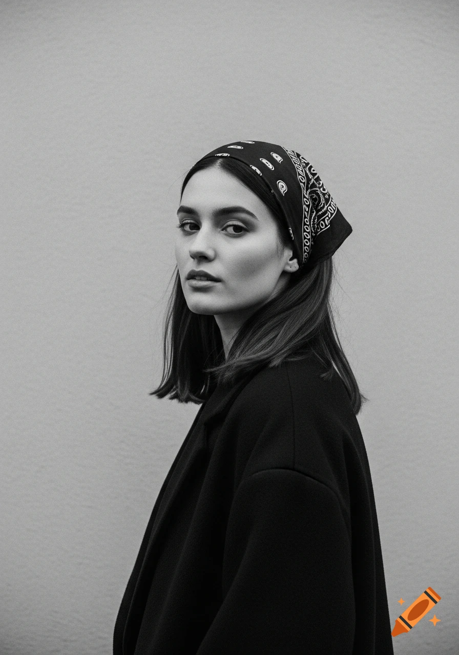 A black and white portrait of a young woman with a bandana and an oversized coat, looking calmly at the camera.