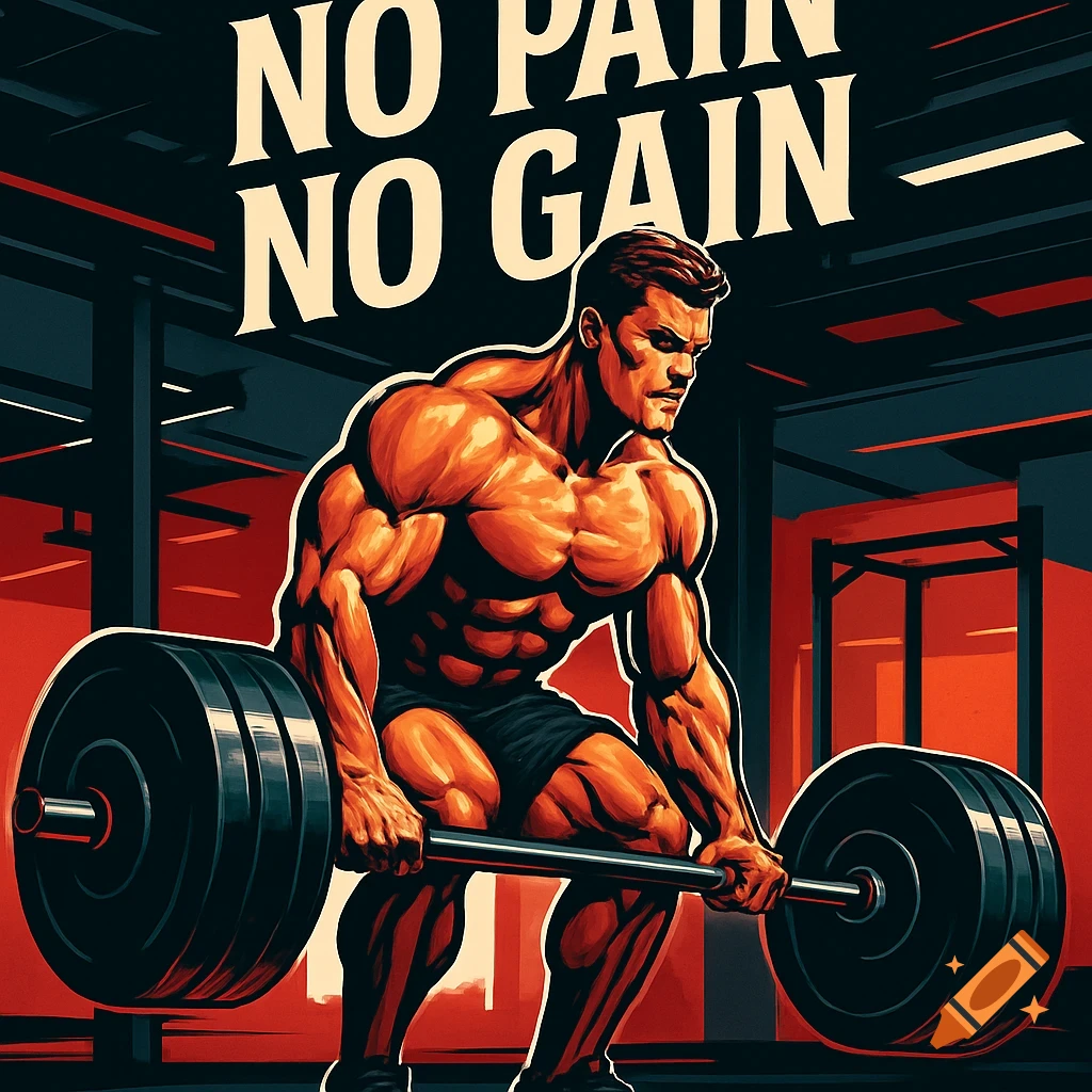 Muscular bodybuilder in a gym lifting a heavy barbell, with text 'No Pain No Gain' in a bold, illustrative style.