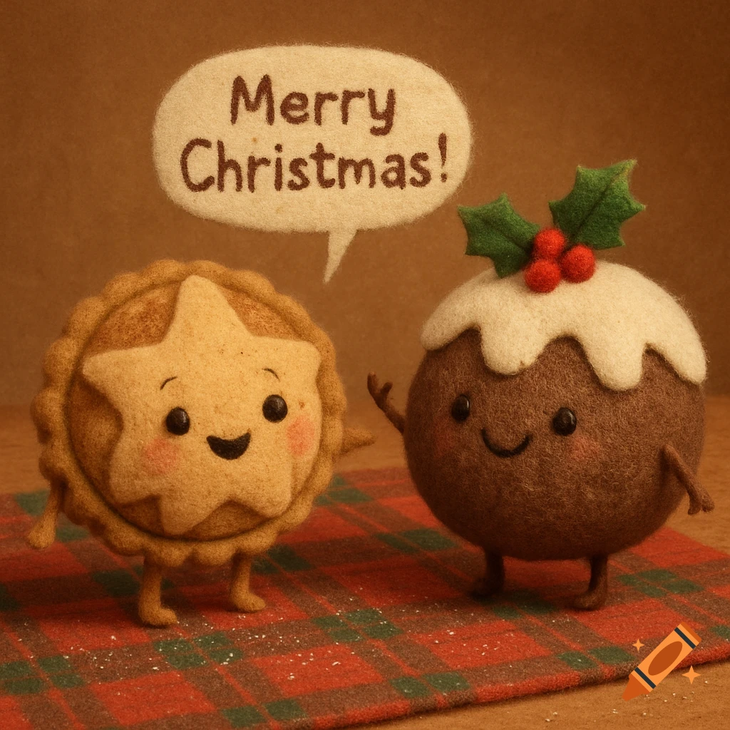 A smiling felt mince pie says 'Merry Christmas!' to a smiling felt Christmas pudding with holly berries on a plaid surface.