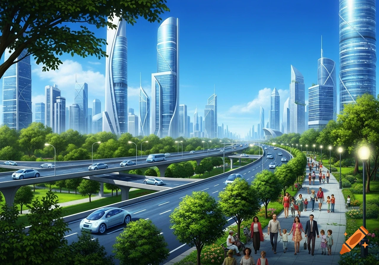 A vibrant, futuristic cityscape with sleek buildings, multi-level roads with cars, and people walking on a green park path.
