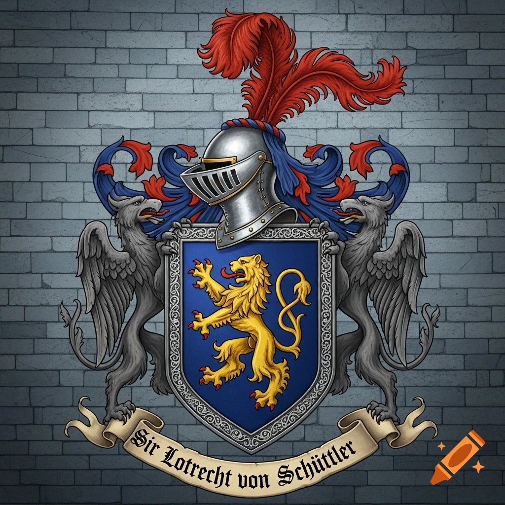 Colorful coat of arms with a golden lion on a blue shield, silver helmet with red feathers, flanked by grey griffins, on a brick wall, with text 'Sir Lotrecht von Schüttler'.