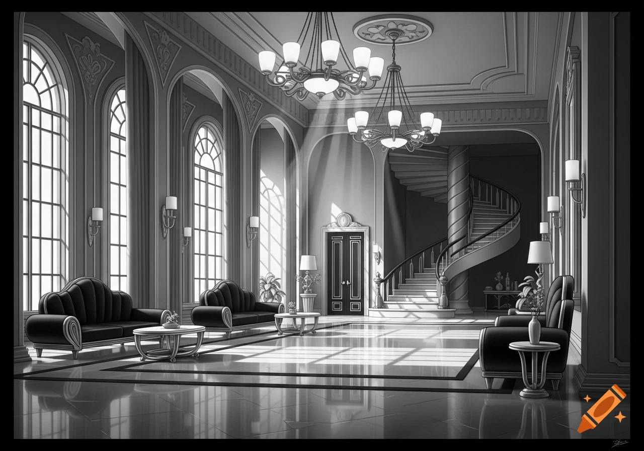A grand black and white art deco style interior of a villa with high arched windows, chandeliers, sofas, and a spiral staircase.