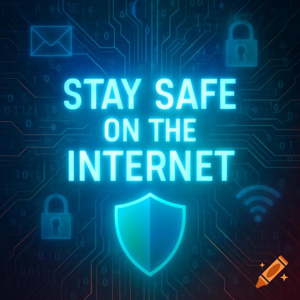 Glowing blue text 'STAY SAFE ON THE INTERNET' on a dark circuit board background with cybersecurity icons like padlocks, an envelope, a shield, and a WiFi signal.