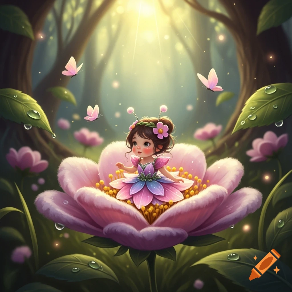 A cute, cartoon-style fairy girl in a pink and blue dress sits in a large pink flower in a magical forest with sunbeams and butterflies.