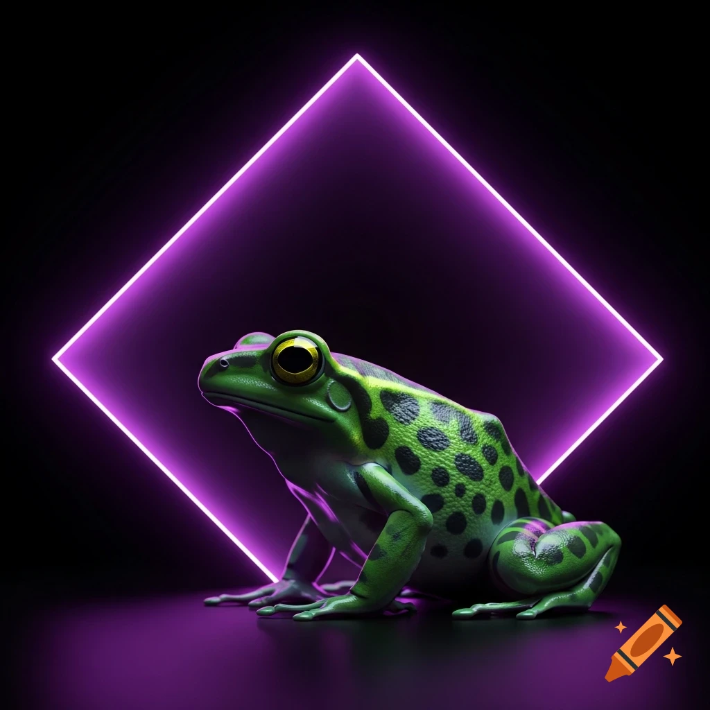 A vibrant green frog with black spots and prominent yellow eyes sits on a dark surface, illuminated by a glowing purple neon rhombus in the background.