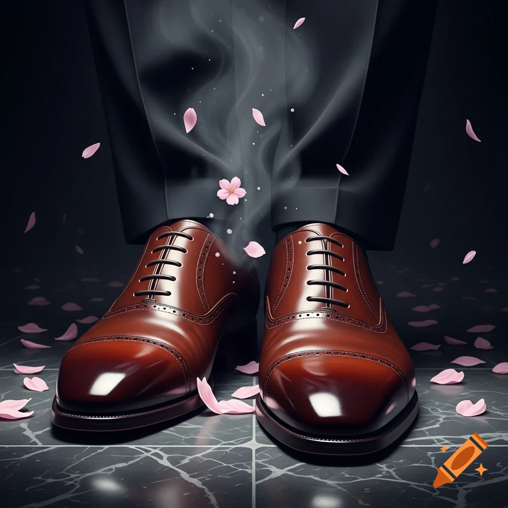 A person's legs in a dark suit and polished brown dress shoes stand on a marbled floor, surrounded by falling pink cherry blossom petals.