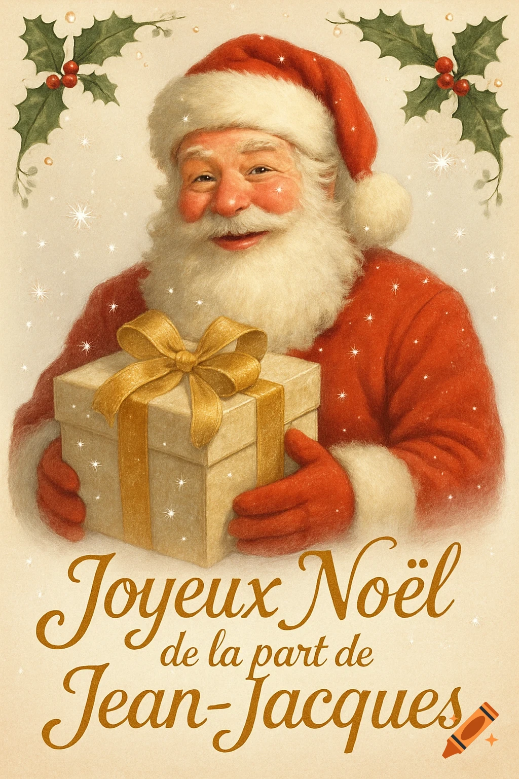 Vintage illustration of smiling Santa Claus in red suit holding a gold gift. Holly branches above, with French holiday text below.