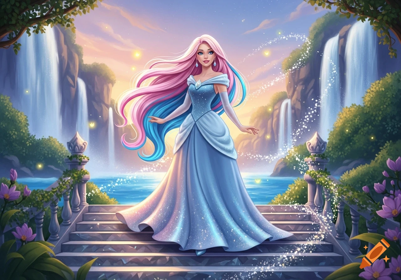 A cartoon princess with long pink and blue hair and a sparkling blue gown stands on stone steps in a magical setting with waterfalls.